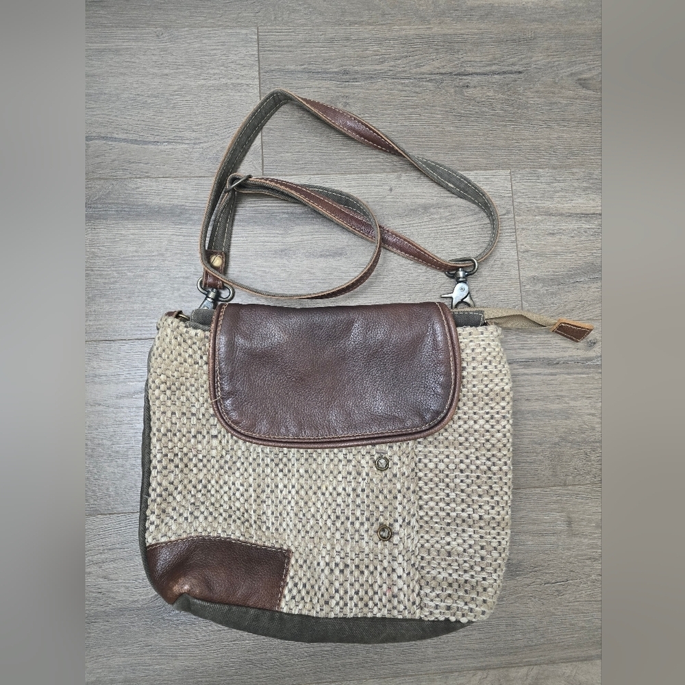 Myra Tweed Leather Canvas Handbag Adjustable Strap Preppy Coastal Fall